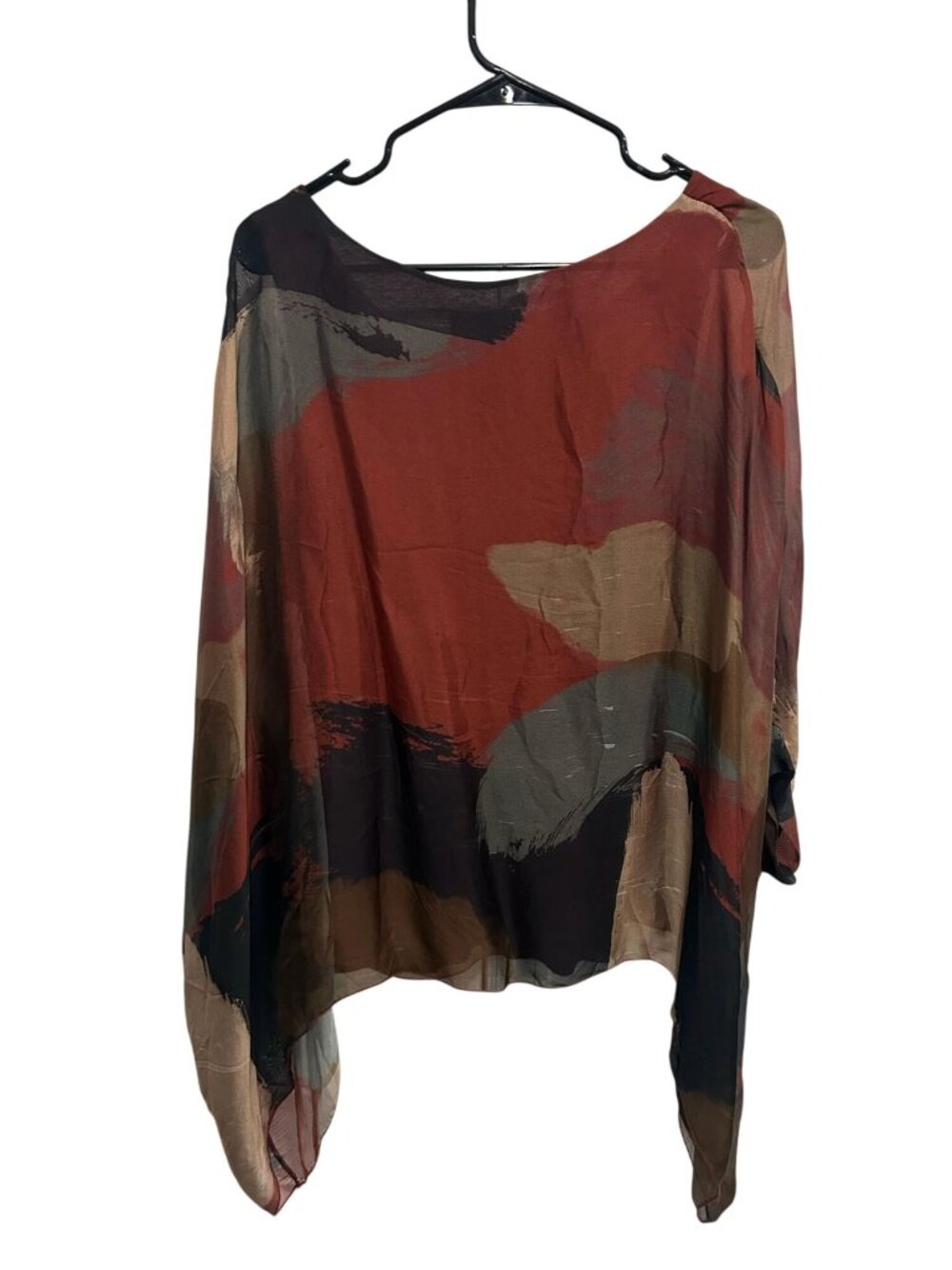 Belle France XL Sheer Abstract Print Poncho Blouse Silk Blend Boho Chic Artistic